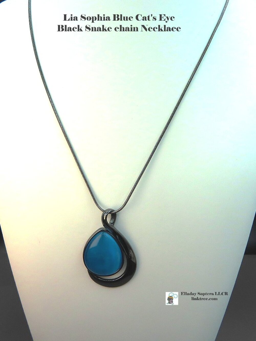 Lia Sophia "Deep Sea" Blue Cat's Eye Black Snake Chain Pendant Necklace